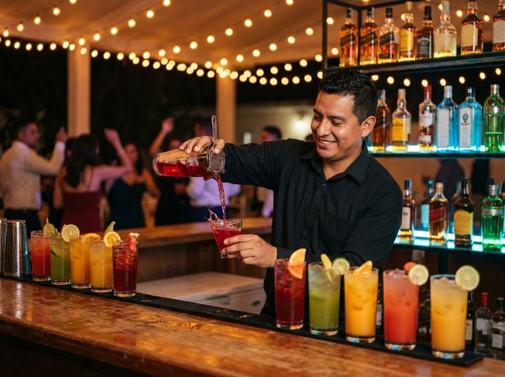 Bartender sirviendo un cóctel de colores en la barra