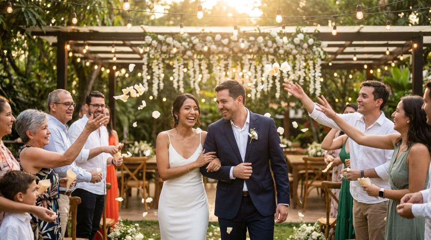 Novios caminando entre pétalos bajo luces cálidas en el jardín del salón
