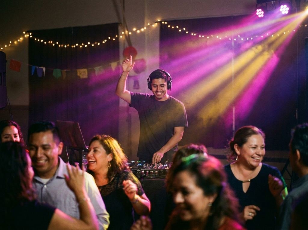 DJ con auriculares y luces de colores detrás, invitados bailando