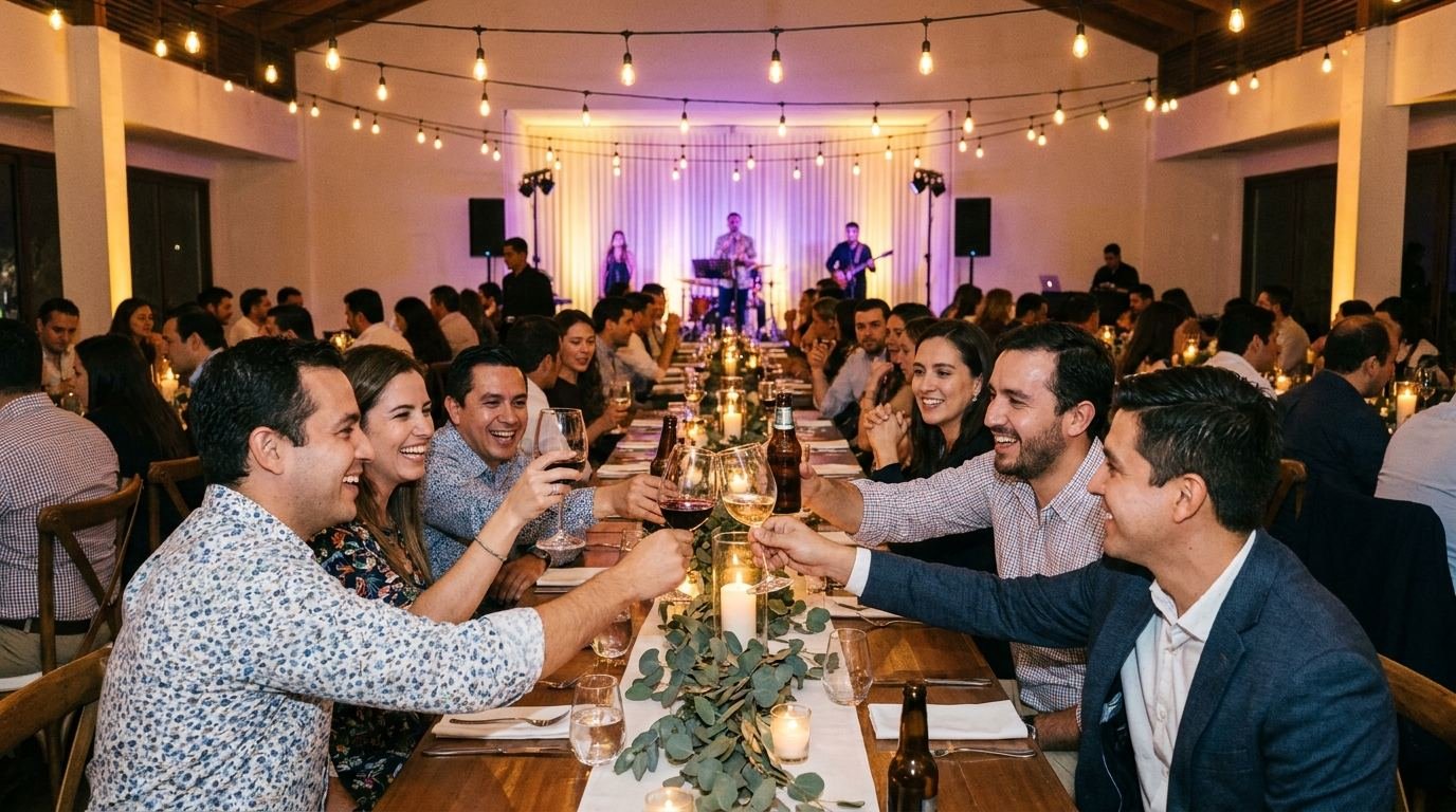 Compañeros de trabajo brindando en una cena de fin de año