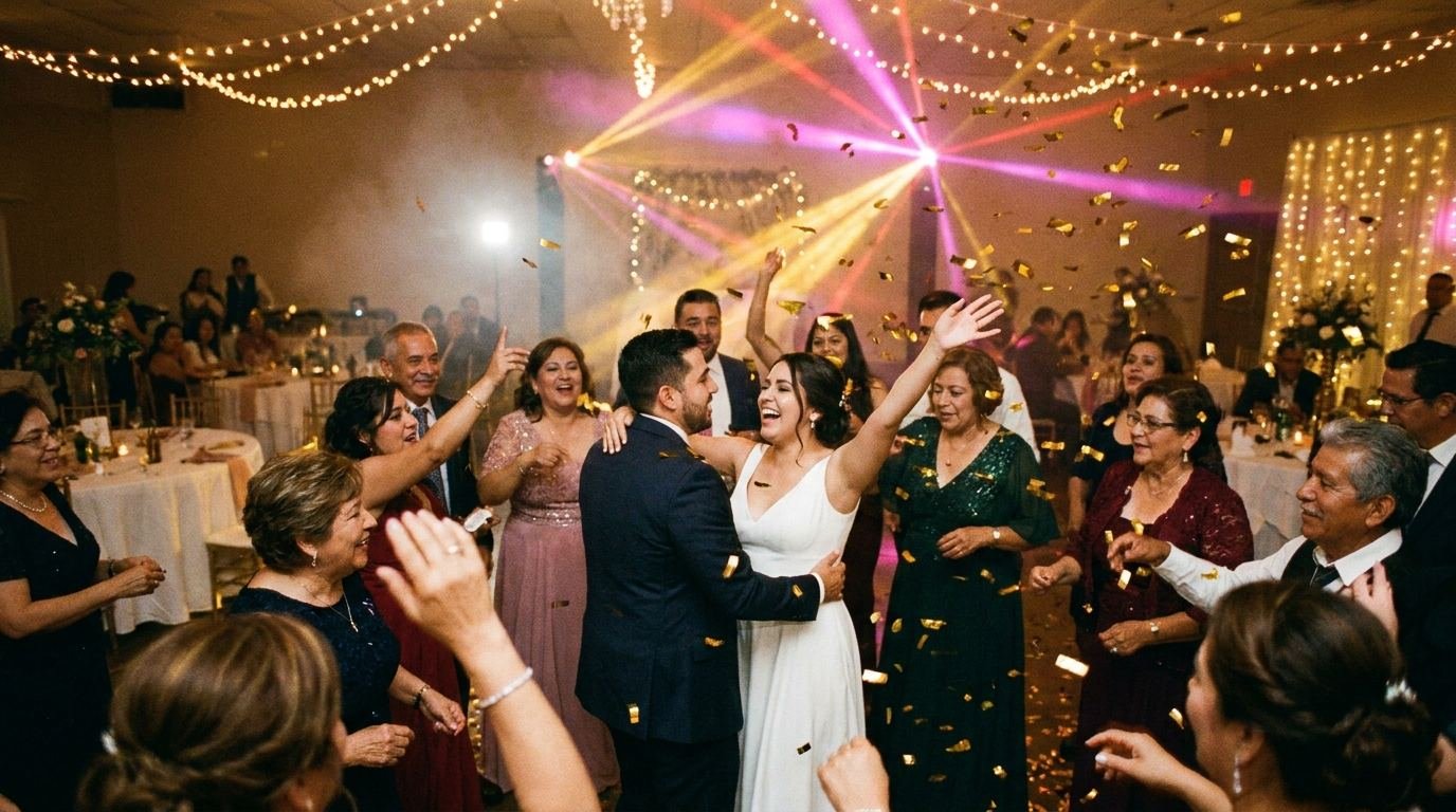 Novios bailando en el centro de la pista entre invitados y confeti