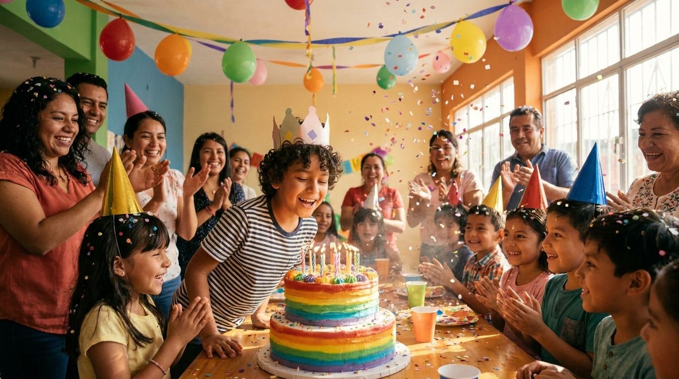 Niño soplando las velas en su cumpleaños rodeado de globos y amigos