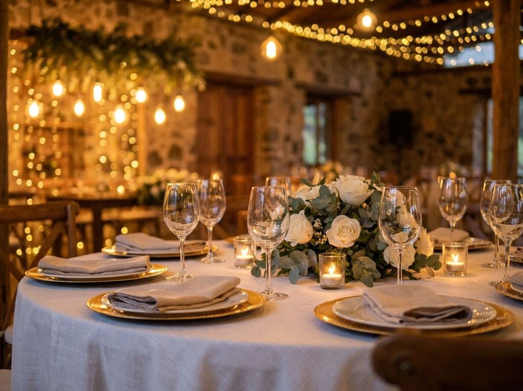 Mesa decorada con flores blancas, velas y vajilla con borde dorado