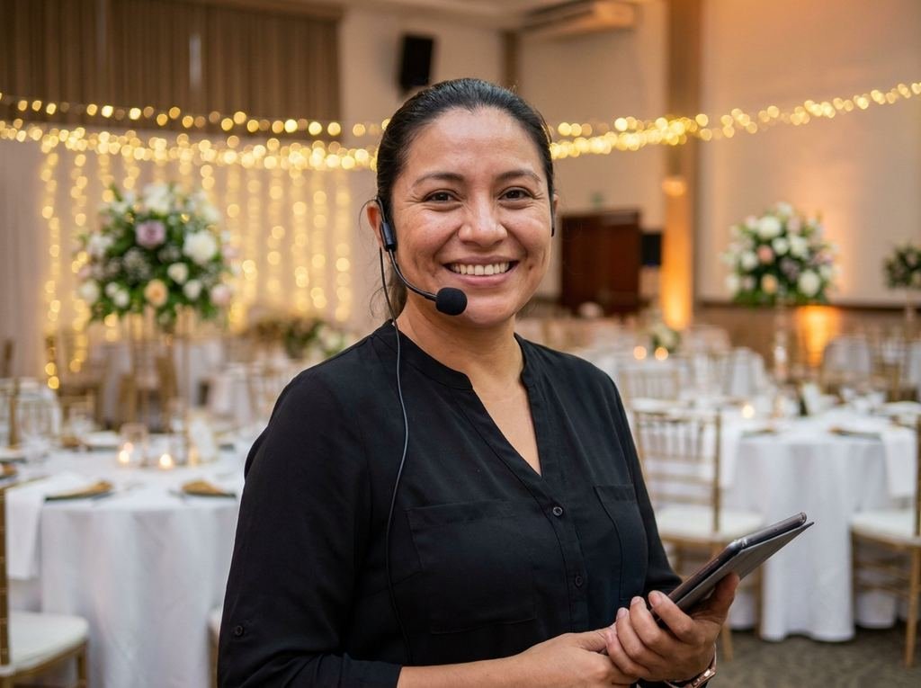 Carla, la organizadora de eventos, sonriendo con su tableta en el salón decorado