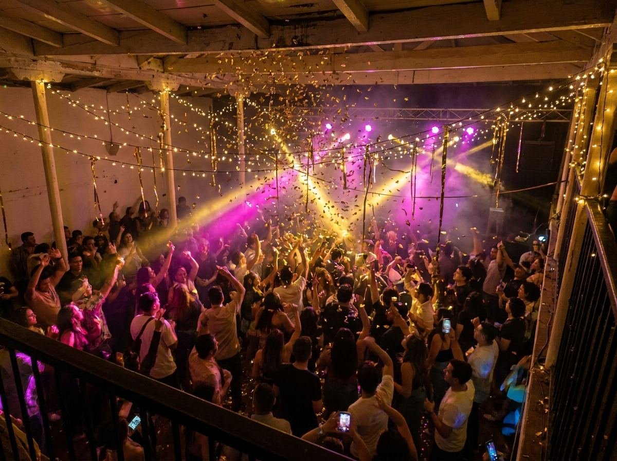 Pista de baile llena de invitados con confeti y luces de colores, vista desde arriba