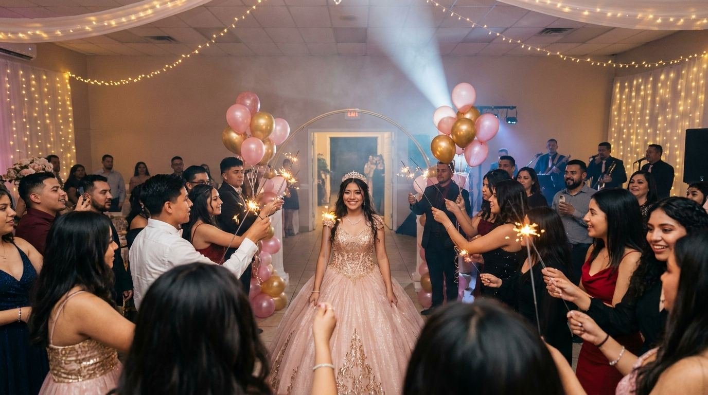 Quinceañera haciendo su entrada entre amigos con bengalas
