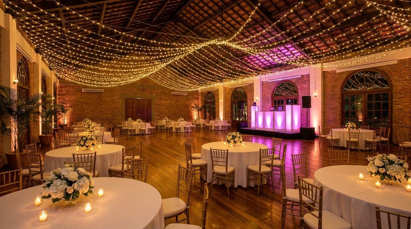El salón decorado antes de la fiesta, con cientos de luces en el techo y mesas redondas con flores