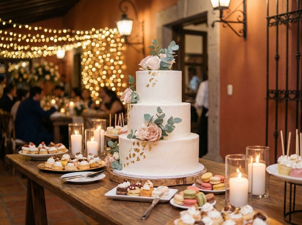 Mesa dulce con un pastel de tres pisos con flores, postres y velas